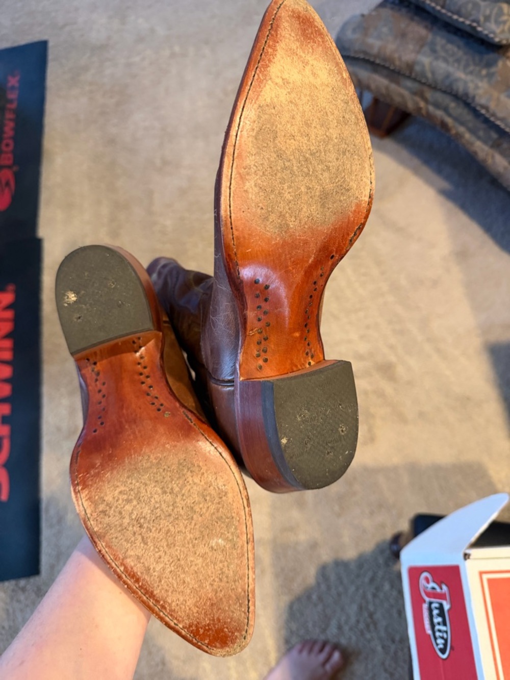 Justin Boots Tan Distressed Vintage Goat Cowboy Boots - Box Label - Picture 4 of 5